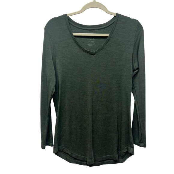 Woolx Womens Long-Sleeve V-Neck Shirt L 100% Merino Wool Green Lightweight Soft - Picture 1 of 6